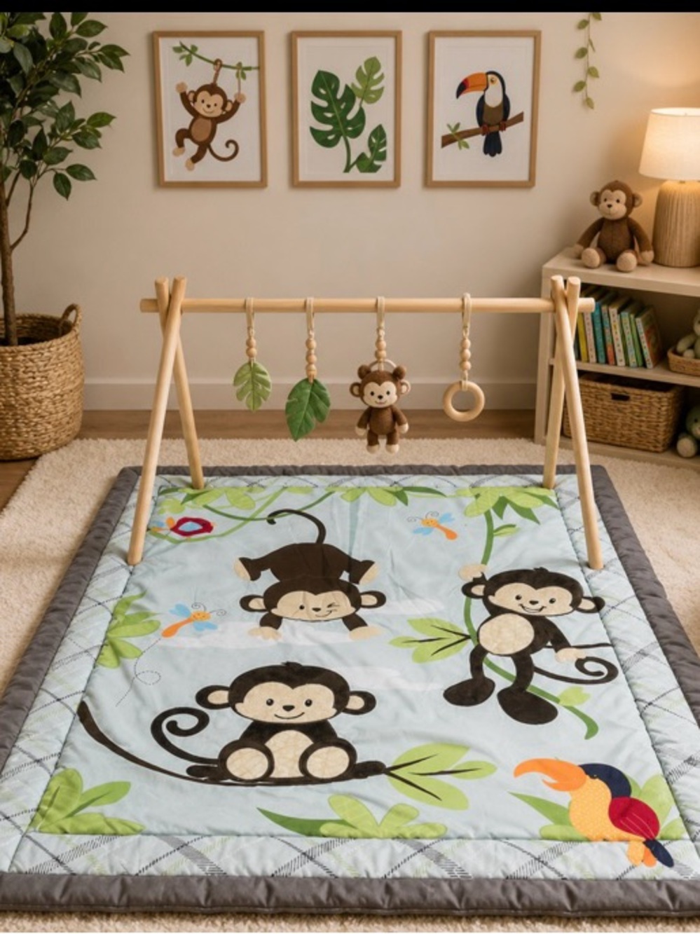 Homemade neutral Baby nursery Quilt blanket w Monkey (velvet pop out) tree bird